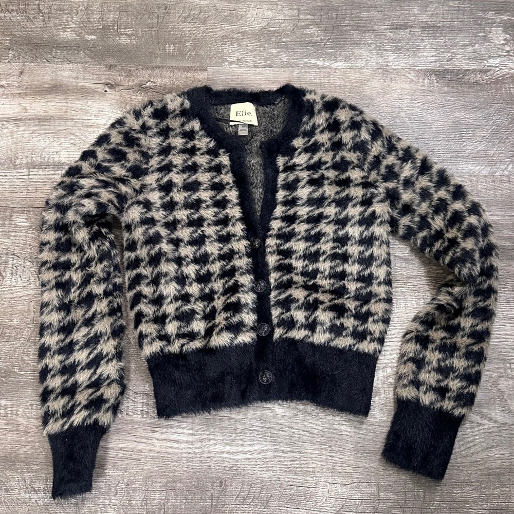 Elie Tahari Womens Fuzzy Houndstooth Cardigan Black Cream Button Front Small